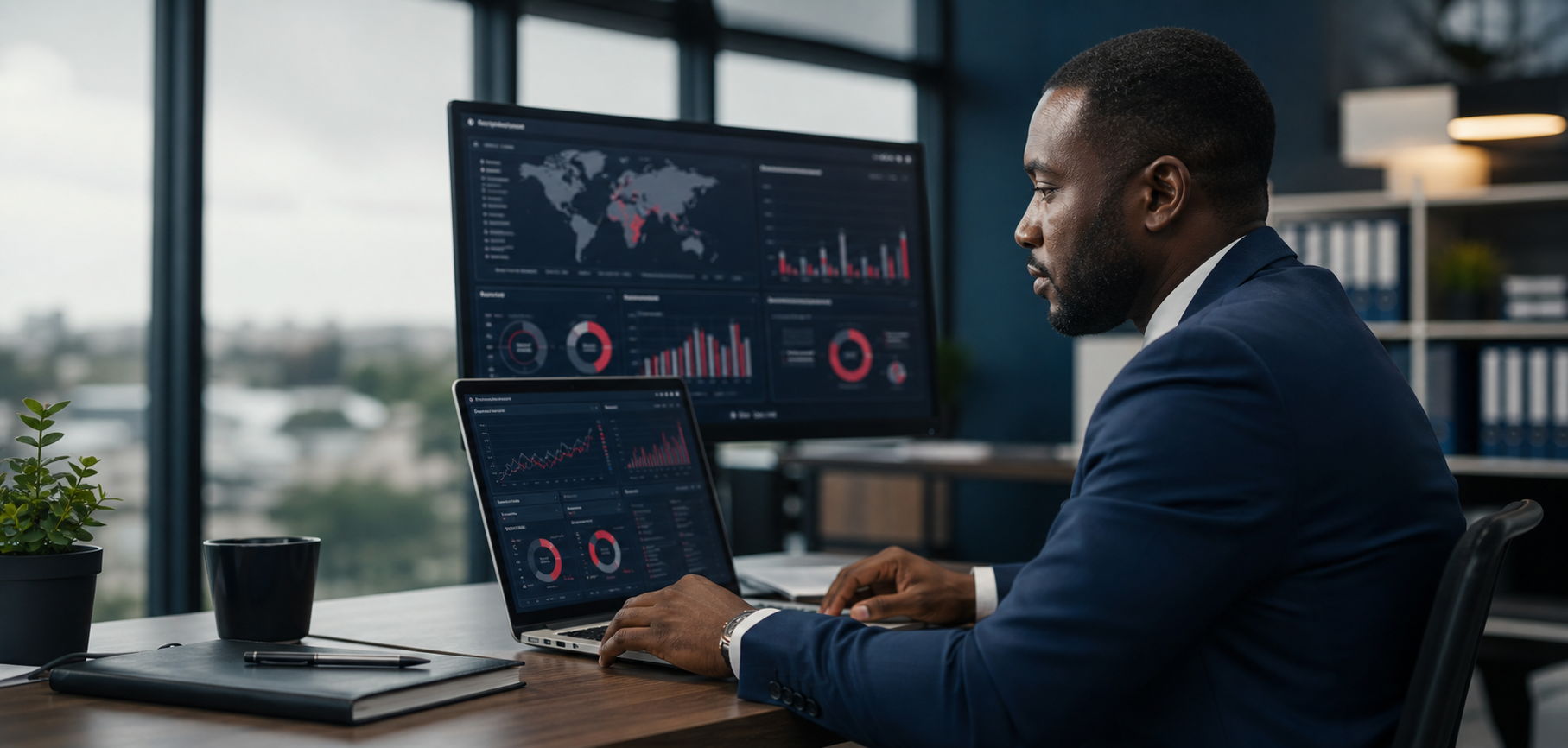 African data analyst reviewing business intelligence dashboards on a laptop and monitor
